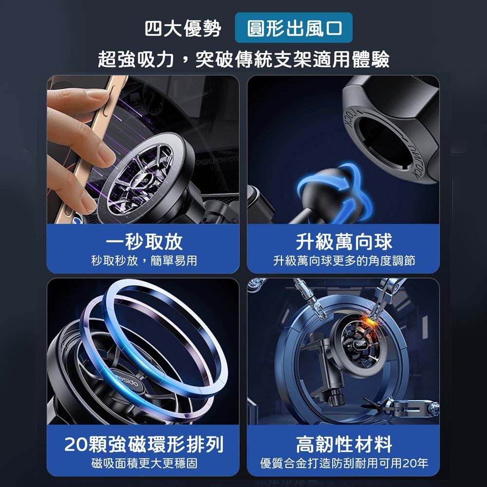 山水之寶｜YESIDO 汽車用圓形出風口 MagSafe磁吸式手機支架&汽車支架&車架 支援磁吸 無通電功能 C221-細節圖8