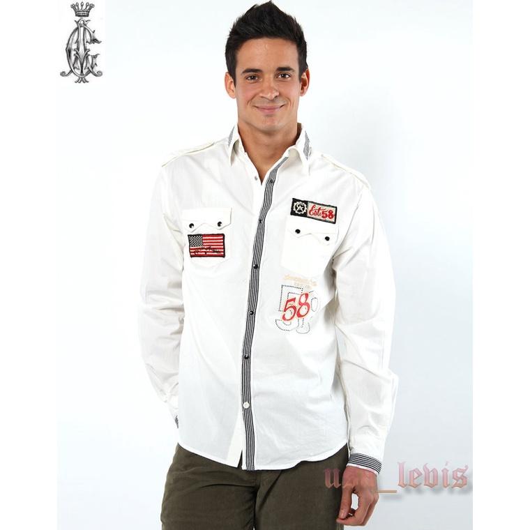 賠售【美國ED HARDY】頂級CA設計師款 賽車 機車 精細刺繡 重機臂章 白色 寶石釦 時尚 長袖襯衫S-XL號現貨-細節圖2