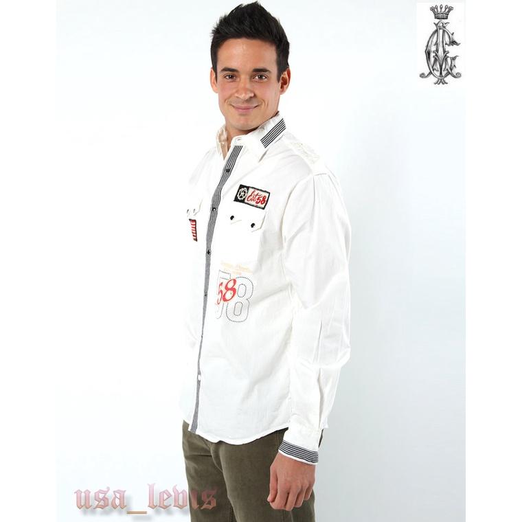 賠售【美國ED HARDY】頂級CA設計師款 賽車 機車 精細刺繡 重機臂章 白色 寶石釦 時尚 長袖襯衫S-XL號現貨-細節圖3