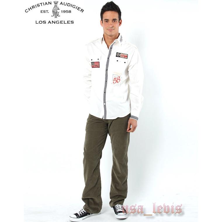 賠售【美國ED HARDY】頂級CA設計師款 賽車 機車 精細刺繡 重機臂章 白色 寶石釦 時尚 長袖襯衫S-XL號現貨-細節圖5