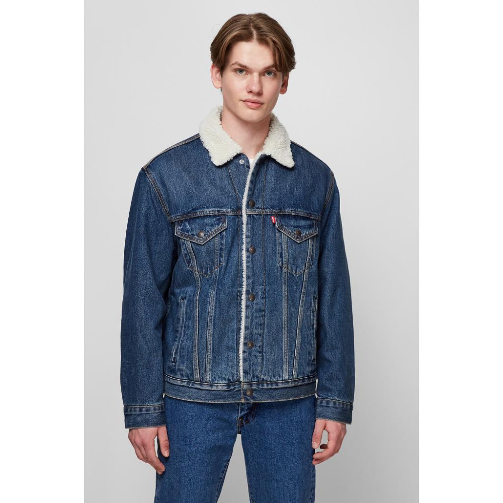 現貨優惠【高價版毛領S=M號鋪棉袖】美國LEVIS Sherpa Trucker Jacket 深藍水洗牛仔外套保暖夾克-細節圖3