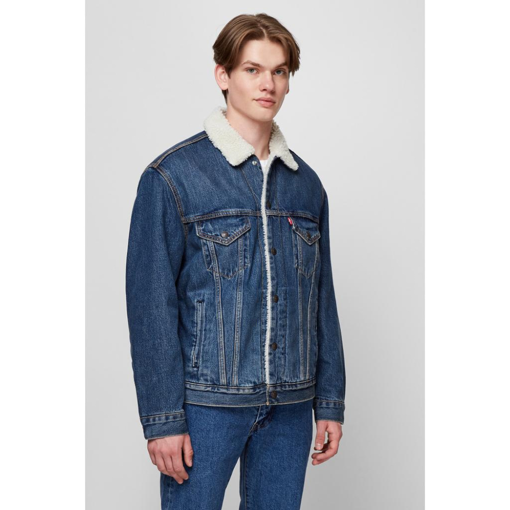 現貨優惠【高價版毛領S=M號鋪棉袖】美國LEVIS Sherpa Trucker Jacket 深藍水洗牛仔外套保暖夾克-細節圖4