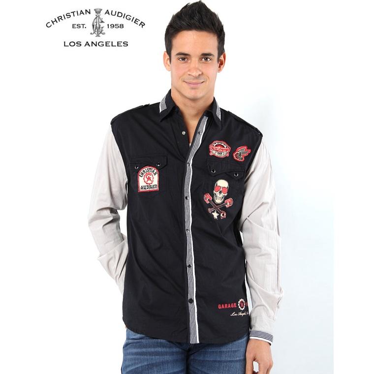 賠售【美國ED HARDY】頂級CA設計師款 賽車 機車 精細刺繡 重機臂章 黑灰色寶石釦 時尚 長袖襯衫S號 L號現貨-細節圖2