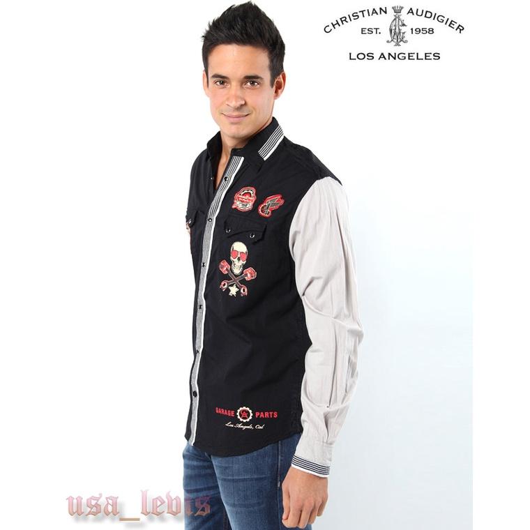 賠售【美國ED HARDY】頂級CA設計師款 賽車 機車 精細刺繡 重機臂章 黑灰色寶石釦 時尚 長袖襯衫S號 L號現貨-細節圖3