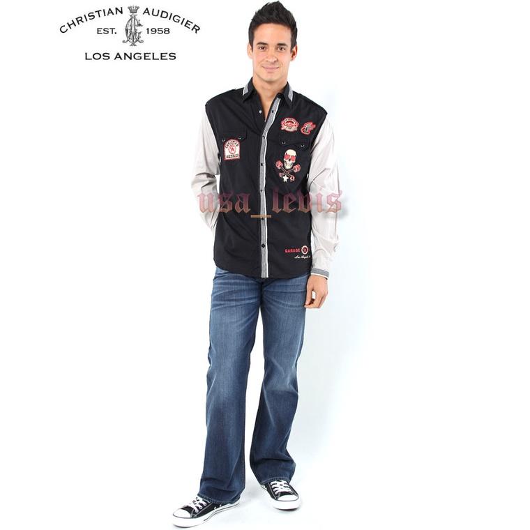 賠售【美國ED HARDY】頂級CA設計師款 賽車 機車 精細刺繡 重機臂章 黑灰色寶石釦 時尚 長袖襯衫S號 L號現貨-細節圖5