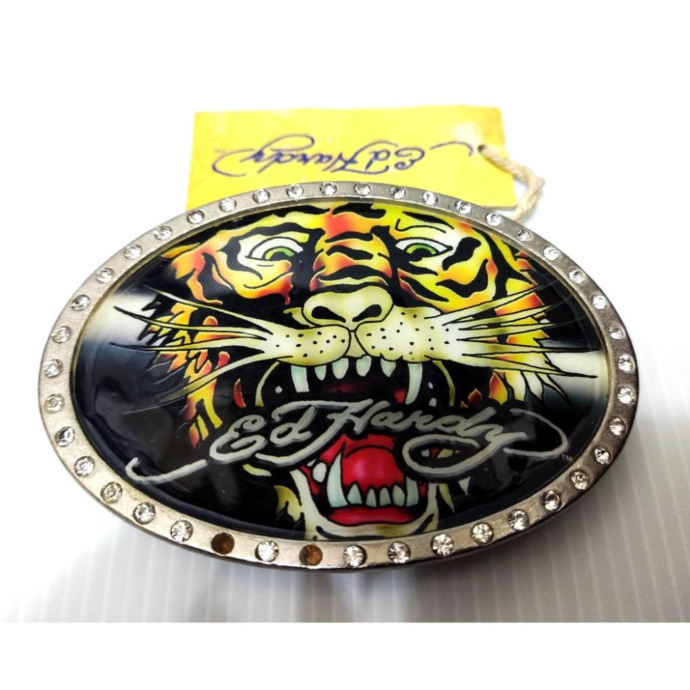 賠本出清 正品 ED HARDY 巨鑽 刺青 經典 老虎頭 銀色 金屬圓盾 超閃水鑽 大型 皮帶頭 可搭配任何釦式皮帶身-細節圖2