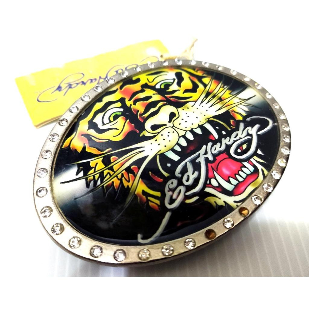 賠本出清 正品 ED HARDY 巨鑽 刺青 經典 老虎頭 銀色 金屬圓盾 超閃水鑽 大型 皮帶頭 可搭配任何釦式皮帶身-細節圖3