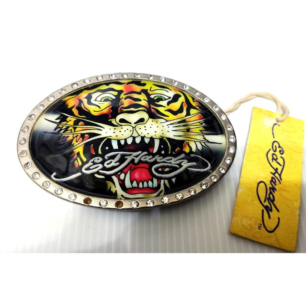 賠本出清 正品 ED HARDY 巨鑽 刺青 經典 老虎頭 銀色 金屬圓盾 超閃水鑽 大型 皮帶頭 可搭配任何釦式皮帶身-細節圖5