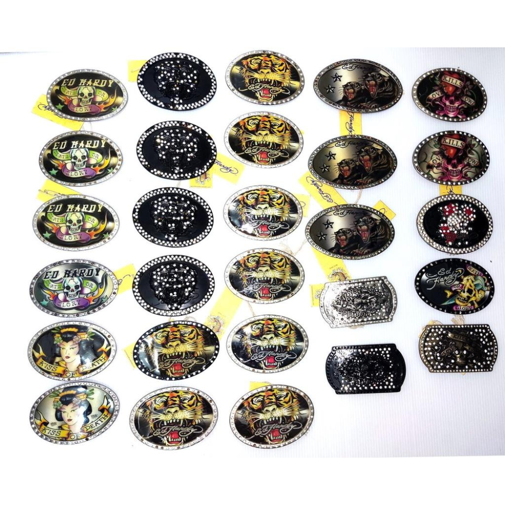 賠本出清 正品 ED HARDY 巨鑽 刺青 經典 老虎頭 銀色 金屬圓盾 超閃水鑽 大型 皮帶頭 可搭配任何釦式皮帶身-細節圖9