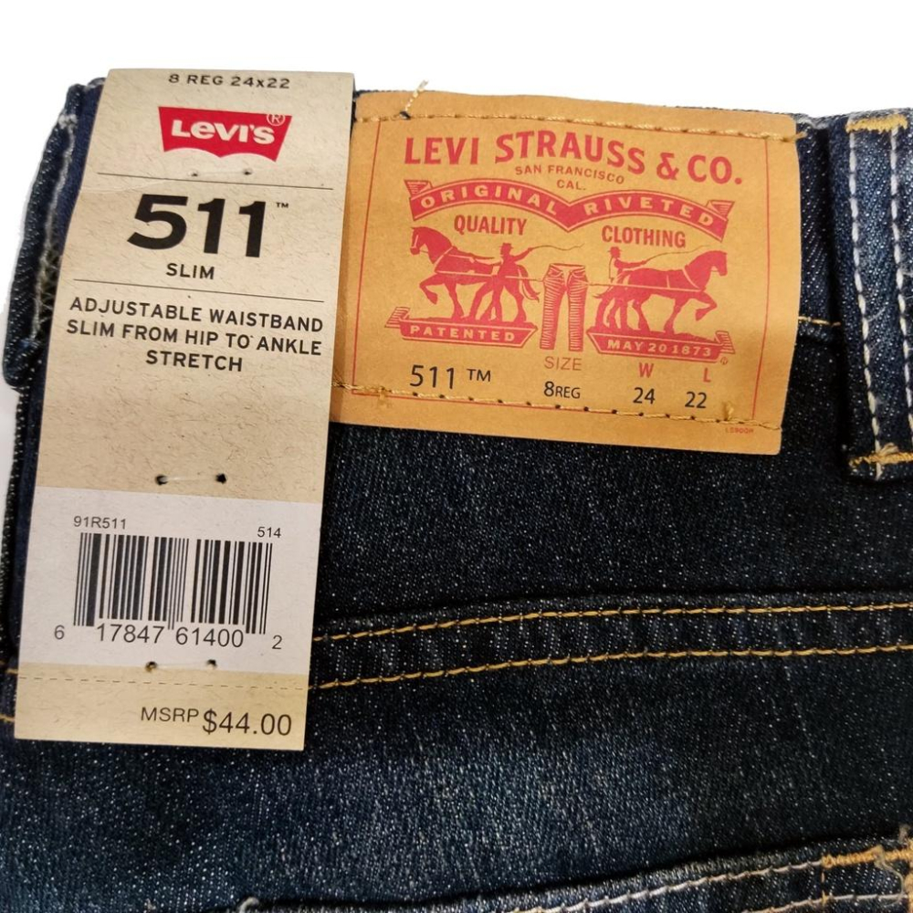 【童裝牛仔褲賠售24腰】美國LEVI S 511 Slim BOYS 深藍原色淺刷 低腰修身窄管牛仔褲小直筒8R-細節圖4