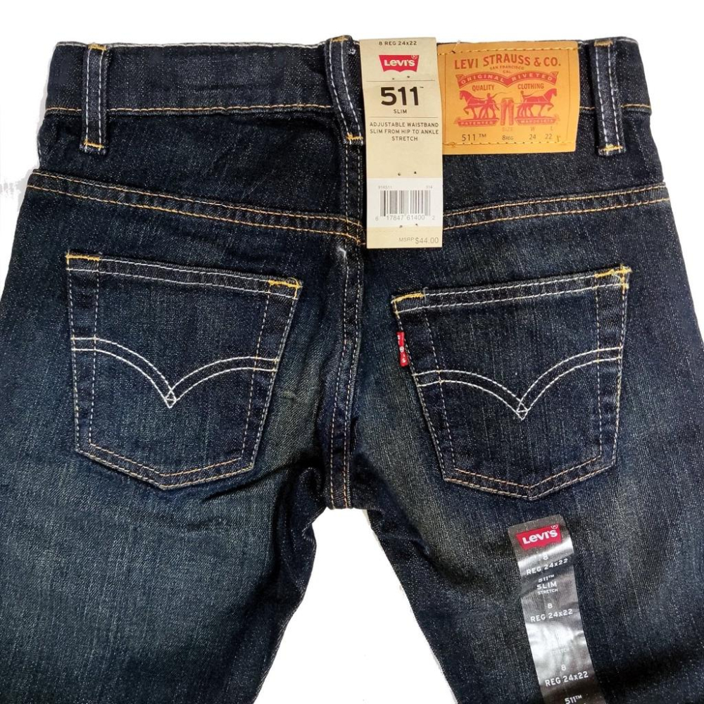 【童裝牛仔褲賠售24腰】美國LEVI S 511 Slim BOYS 深藍原色淺刷 低腰修身窄管牛仔褲小直筒8R-細節圖6