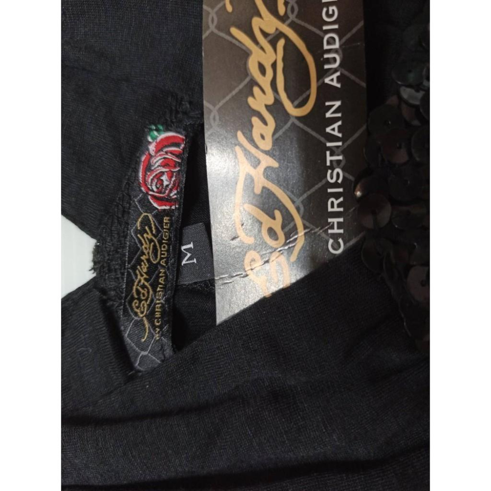 【美國Levi s專賣】賠售ED HARDY 華麗天使玫瑰 彩鑽 亮片巨鑽 黑色絲質 無袖洋裝 長裙 夜店款M號現貨-細節圖5