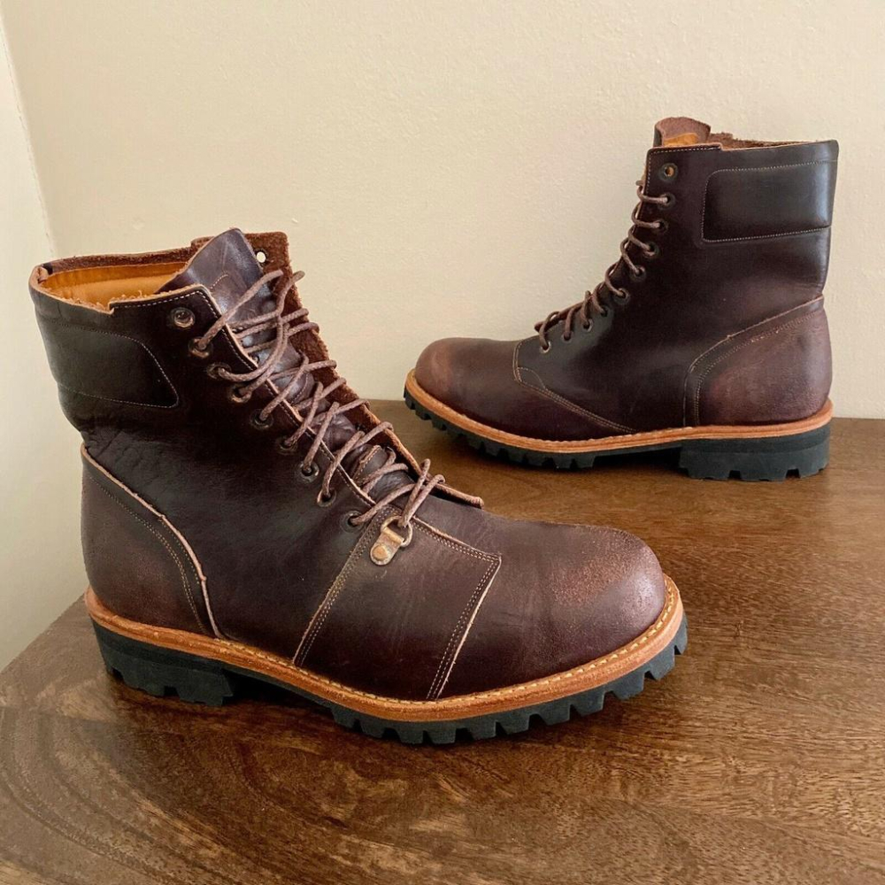 原價破萬賠售【TIMBERLAND】全手工頂級Boot Company Tackhead 酒紅色仿舊皮革8吋靴10M-細節圖5