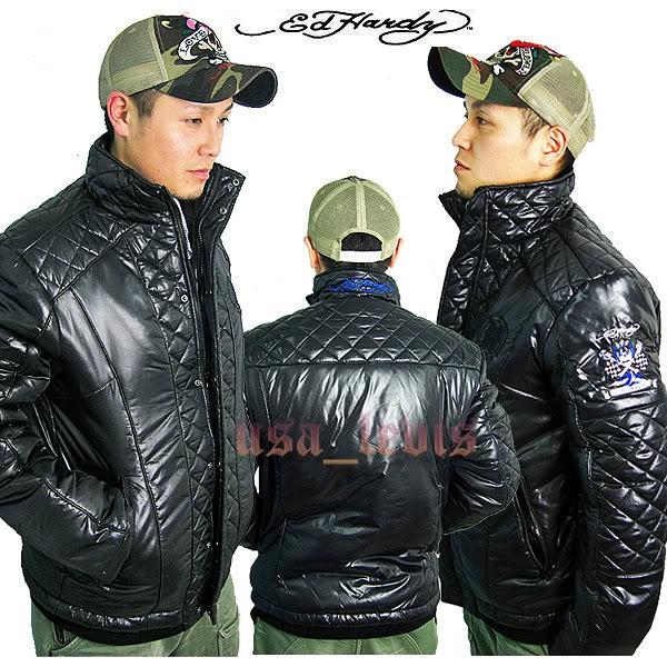 全台最低價現貨L號【美國帶回】優惠 ED HARDY 立體菱格紋 鋪棉 深藍色賽車骷髏 超輕超保暖騎士防寒外套夾克-細節圖2