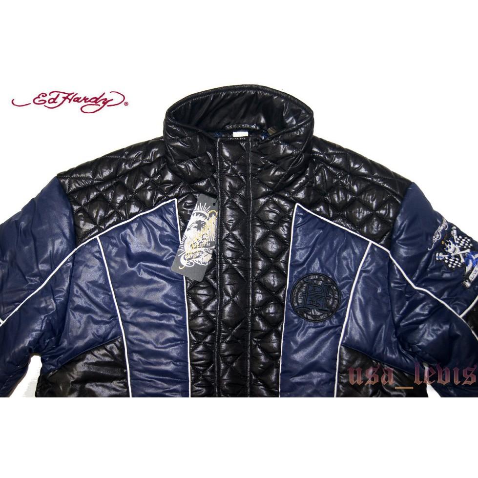 全台最低價現貨L號【美國帶回】優惠 ED HARDY 立體菱格紋 鋪棉 深藍色賽車骷髏 超輕超保暖騎士防寒外套夾克-細節圖3