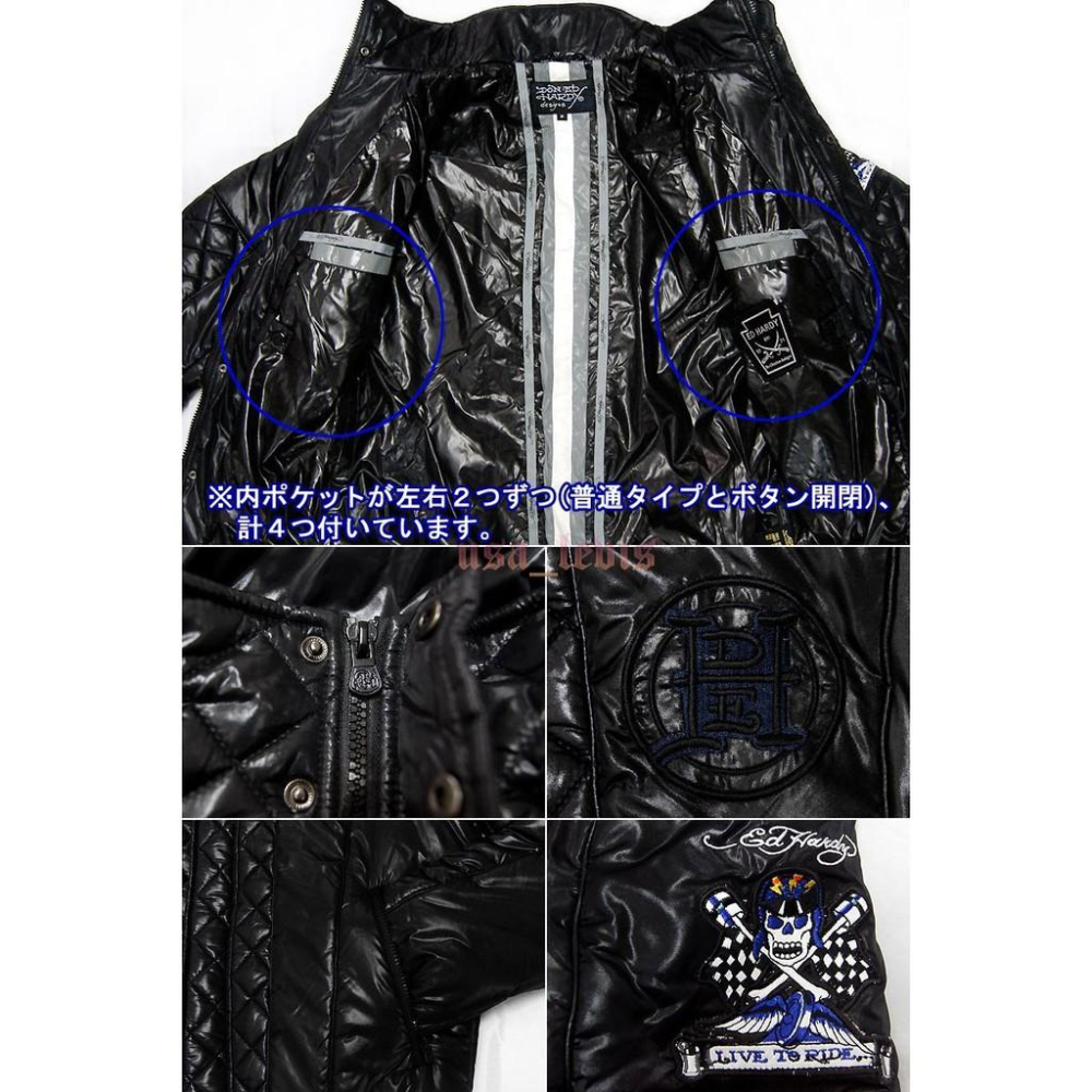 全台最低價現貨L號【美國帶回】優惠 ED HARDY 立體菱格紋 鋪棉 深藍色賽車骷髏 超輕超保暖騎士防寒外套夾克-細節圖7