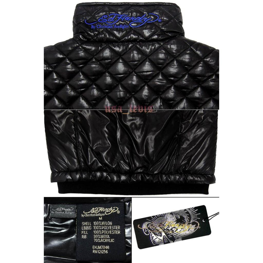 全台最低價現貨L號【美國帶回】優惠 ED HARDY 立體菱格紋 鋪棉 深藍色賽車骷髏 超輕超保暖騎士防寒外套夾克-細節圖8