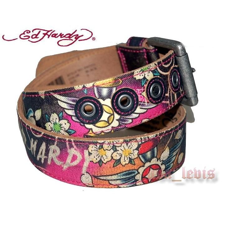 【美國Levis專賣】優惠ED HARDY 帆布拼接真牛皮 鐵環 花卉 飛翼 寶劍 黑 超厚皮帶26-29腰S號-細節圖2