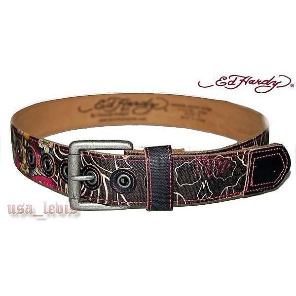 【美國Levis專賣】優惠ED HARDY 帆布拼接真牛皮 鐵環 花卉 飛翼 寶劍 黑 超厚皮帶26-29腰S號-細節圖4