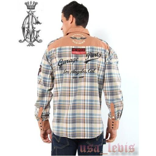 賠售S號現貨【美國ED HARDY專賣】頂級CA設計師 棕色格紋 飛翼 精細刺繡 重機臂章 寶石釦 長袖襯衫-細節圖4