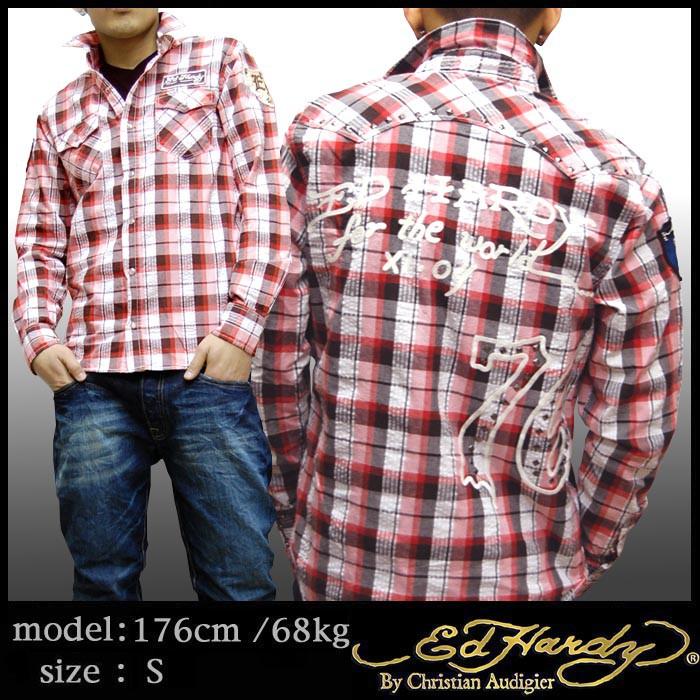賠售S號現貨【美國ED HARDY專賣】頂級CA設計師 棕色格紋 飛翼 精細刺繡 重機臂章 寶石釦 長袖襯衫-細節圖9