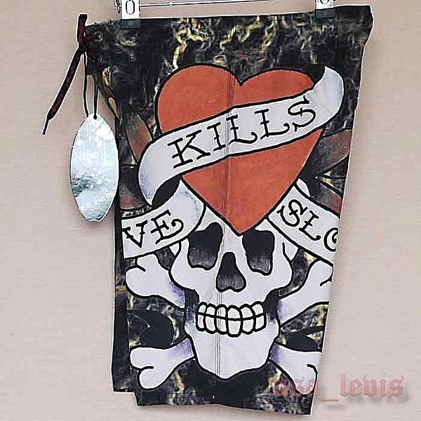 【美國Levis專賣】優惠 ED HARDY 愛殺LOVE KILL SLOWLY海灘褲 衝浪褲 黑色 短褲 33-34腰現貨-細節圖2