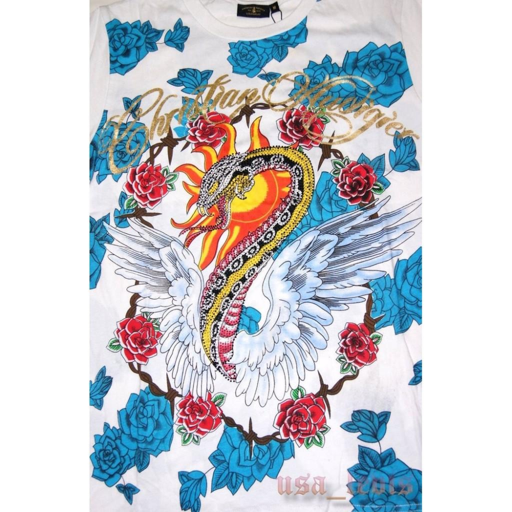 【美國製L號現貨】ED HARDY設計師款Christian Audigier 彩鑽 雙面圖案 搖滾 刺青風 短袖T桖B-細節圖6