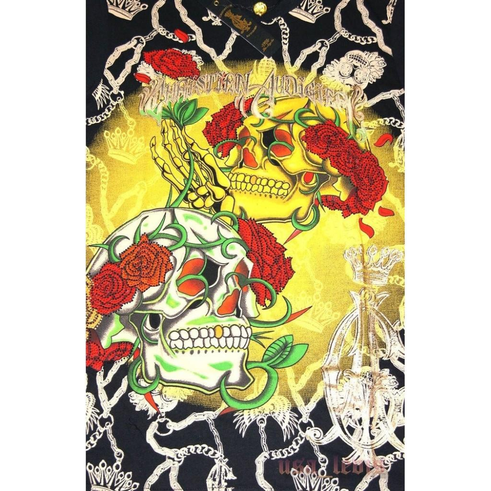 【美國製L號現貨】ED HARDY設計師款Christian Audigier 彩鑽 雙面圖案 搖滾 刺青風 短袖T桖B-細節圖8