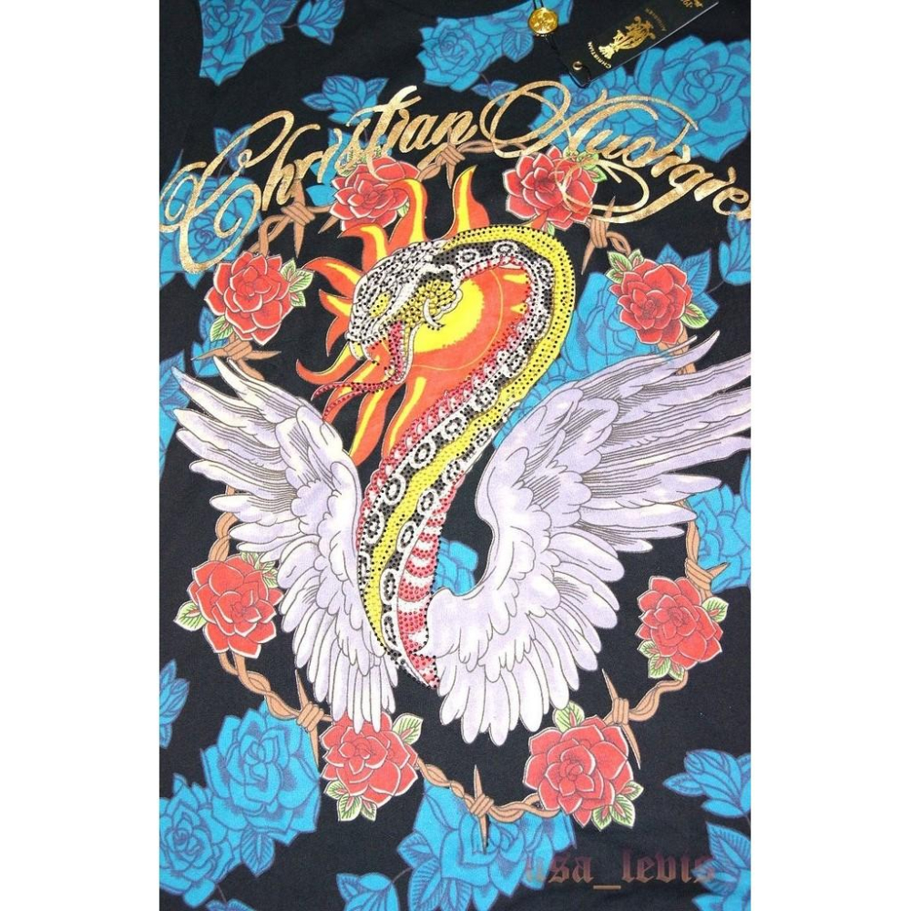 【美國製L號現貨】ED HARDY設計師款Christian Audigier 彩鑽 雙面圖案 搖滾 刺青風 短袖T桖B-細節圖9