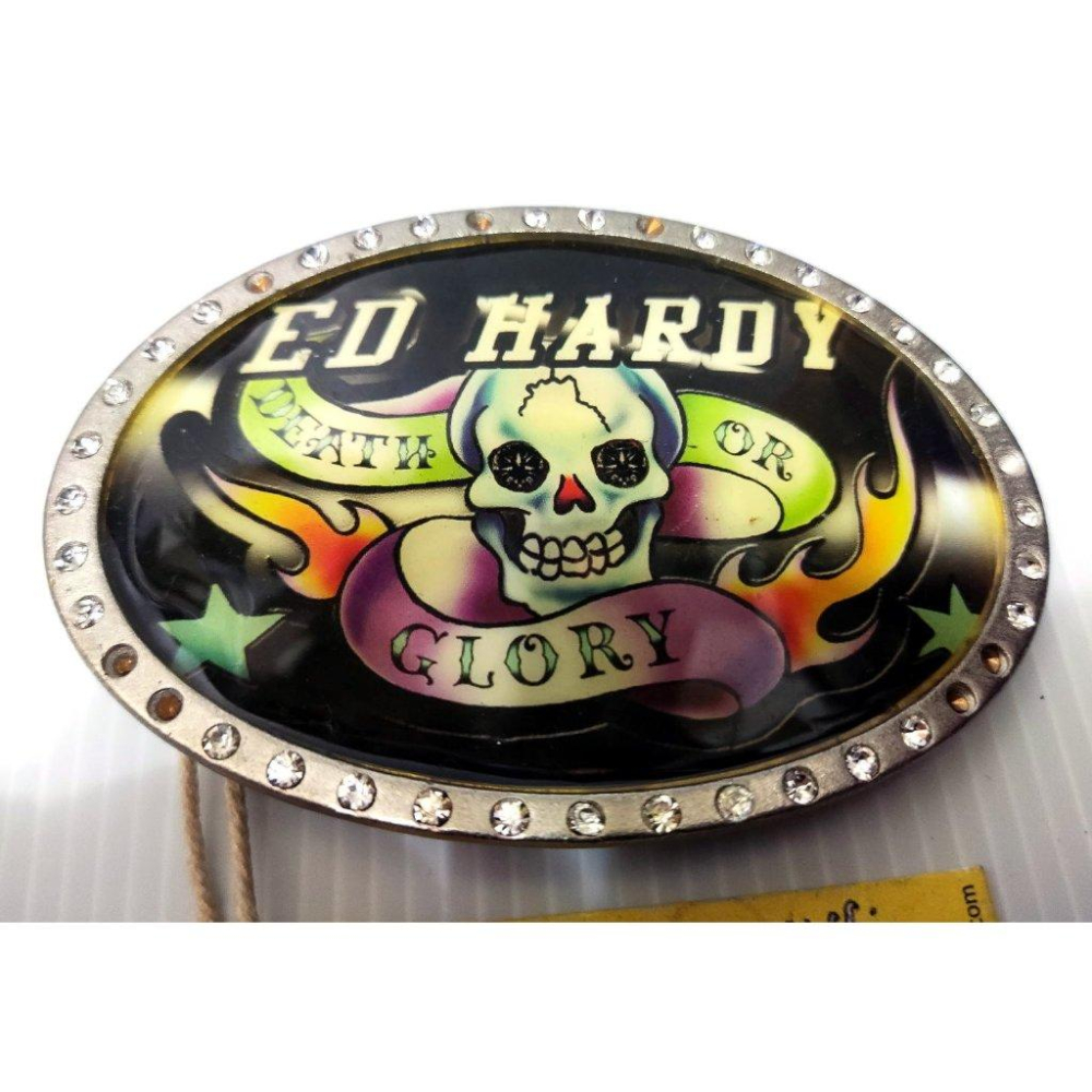 賠售出清【美國潮牌ED HARDY】死亡榮耀火焰骷髏 巨型 金屬圓盾 閃亮水鑽  皮帶頭 可搭配任何扣式皮帶身使用-細節圖3