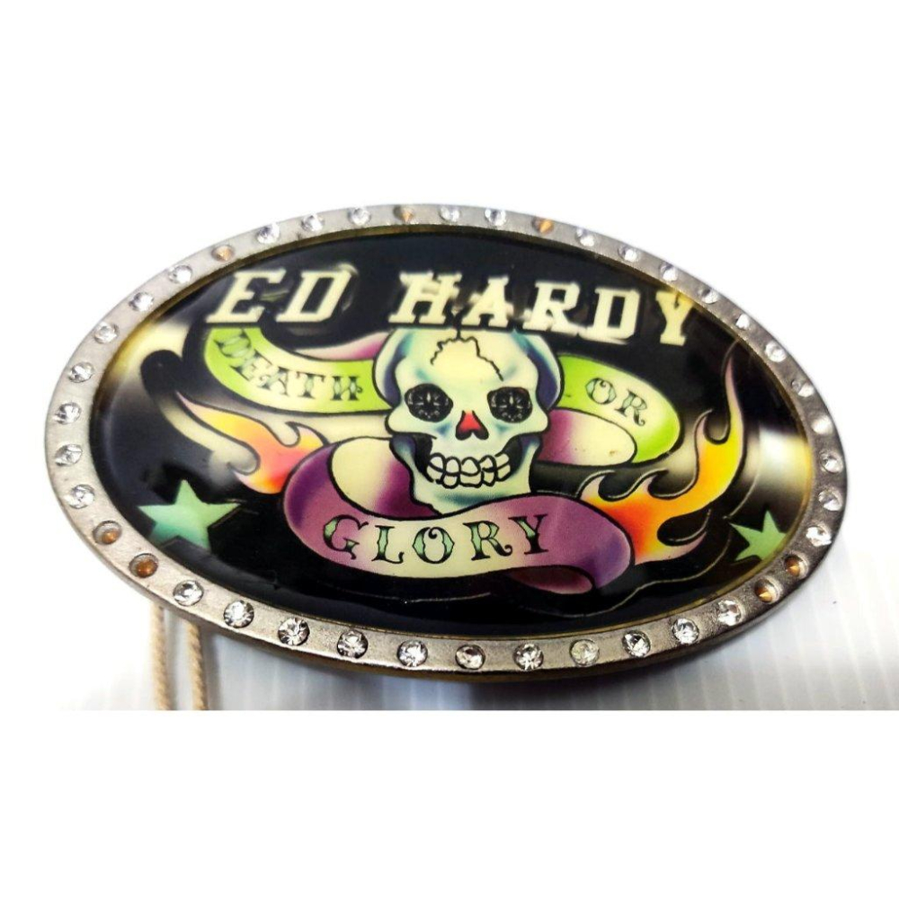 賠售出清【美國潮牌ED HARDY】死亡榮耀火焰骷髏 巨型 金屬圓盾 閃亮水鑽  皮帶頭 可搭配任何扣式皮帶身使用-細節圖5