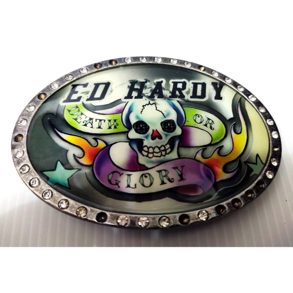 賠售出清【美國潮牌ED HARDY】死亡榮耀火焰骷髏 巨型 金屬圓盾 閃亮水鑽  皮帶頭 可搭配任何扣式皮帶身使用-細節圖8