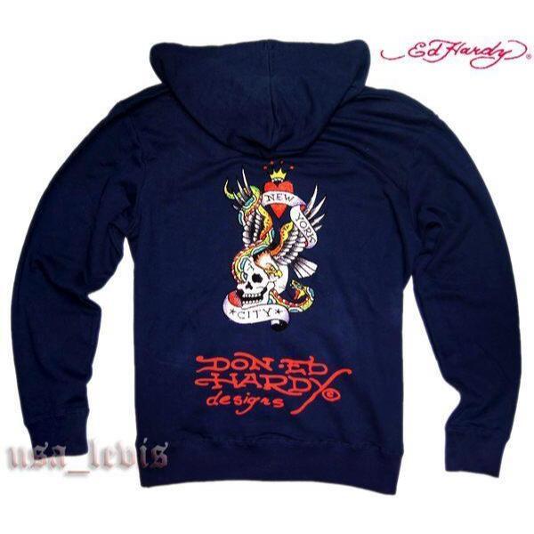 L號現貨賠售【美國潮牌ED HARDY】 皇冠 老鷹 愛心骷髏 華麗彩鑽 密鑽 深藍色 百搭帽T 連帽夾克 拉鍊連帽外套-細節圖4