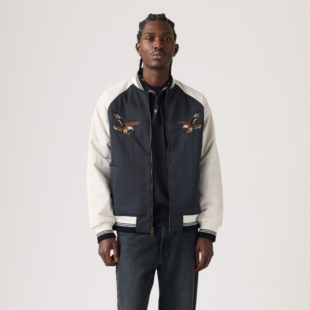 【橫須賀刺繡外套M號】美國LEVI S Madera Reversible 老鷹刺繡 棒球夾克 黑白 咖啡色 雙面穿-細節圖2