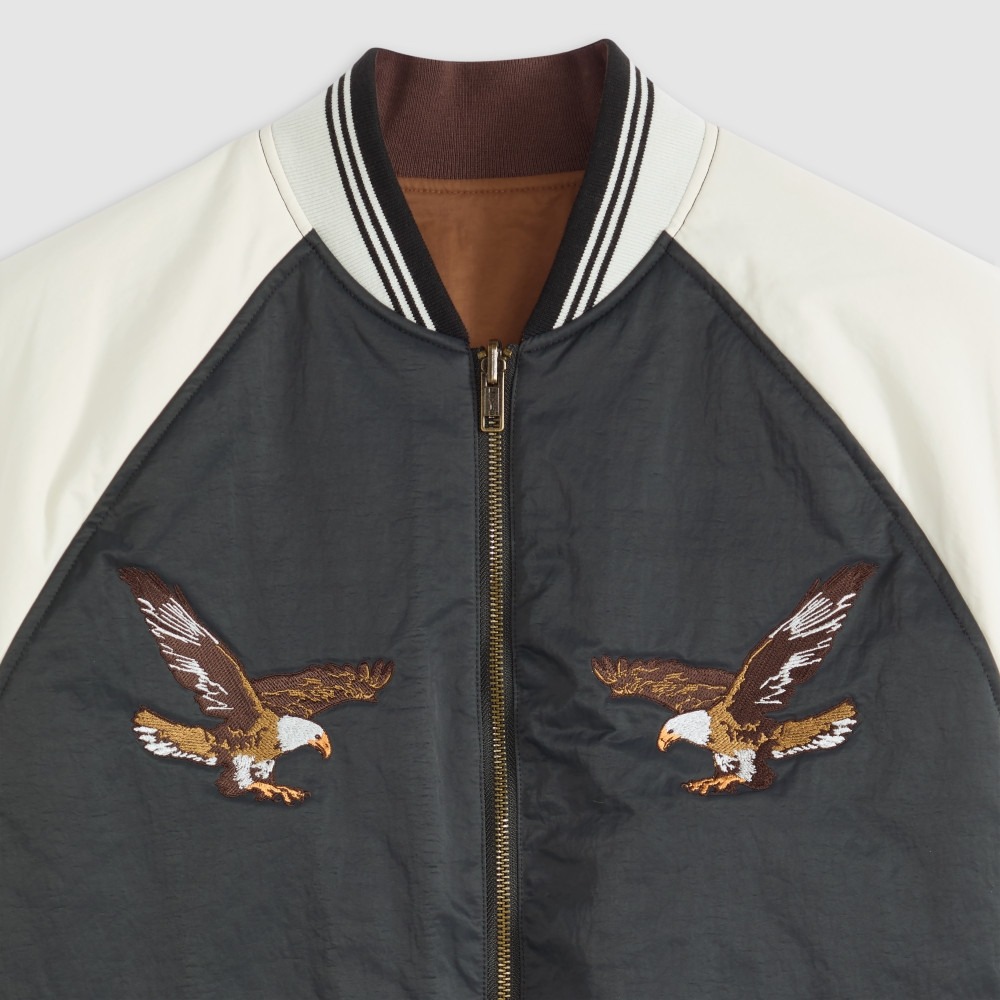 【橫須賀刺繡外套M號】美國LEVI S Madera Reversible 老鷹刺繡 棒球夾克 黑白 咖啡色 雙面穿-細節圖5