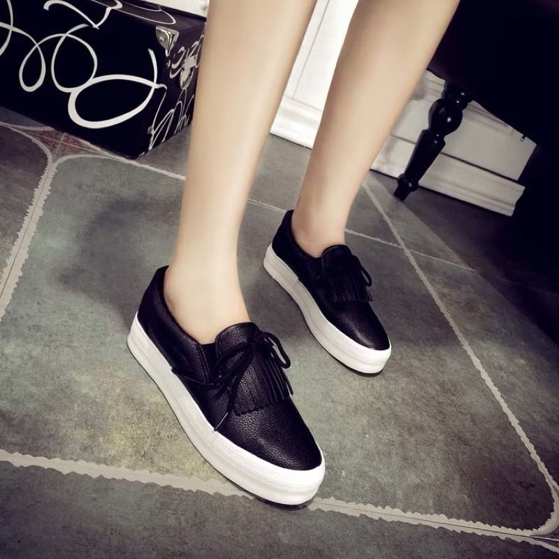 百搭流蘇綁結荔枝皮紋厚底平底懒人鞋小白鞋-細節圖2