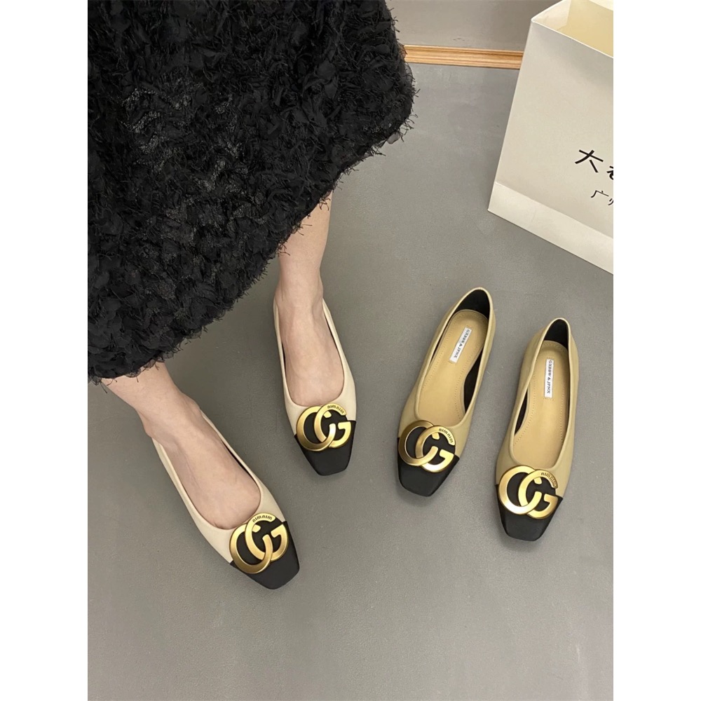 韓版G金屬扣拼色方頭平底淺口娃娃鞋 包鞋-細節圖2