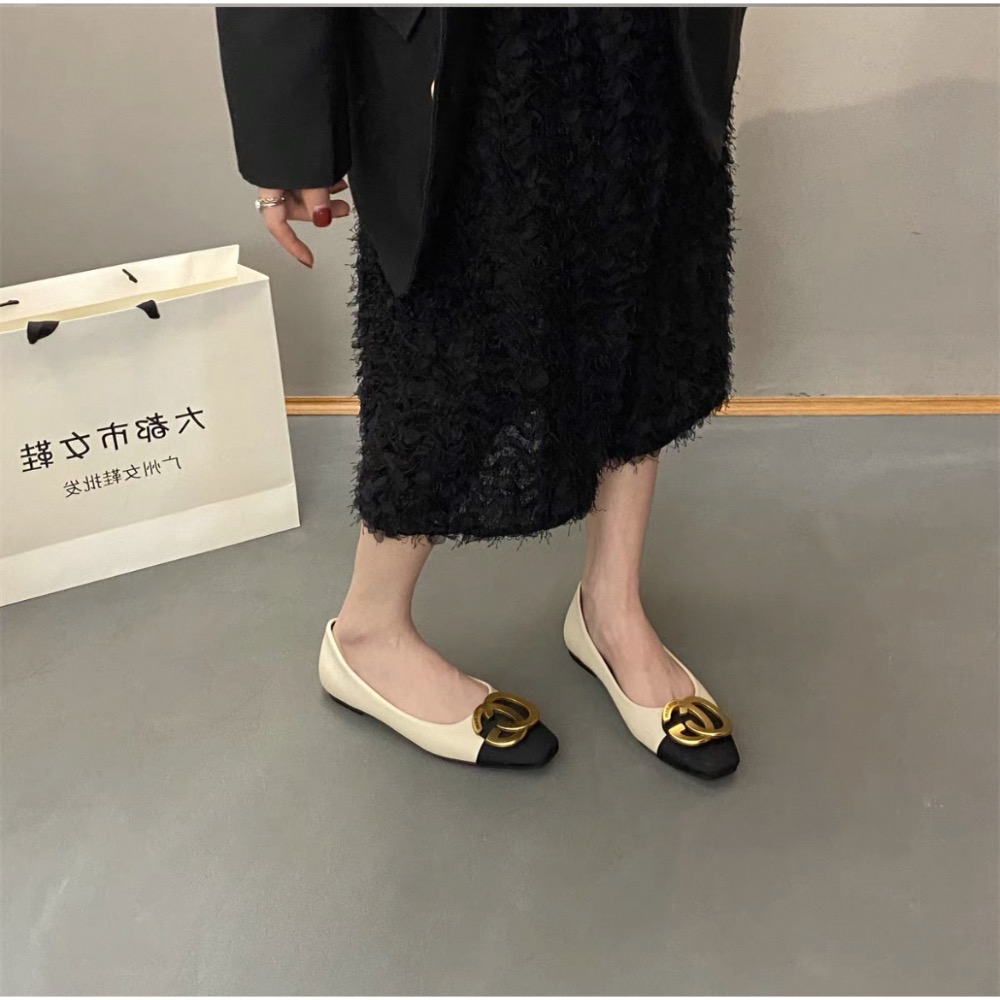 韓版G金屬扣拼色方頭平底淺口娃娃鞋 包鞋-細節圖3