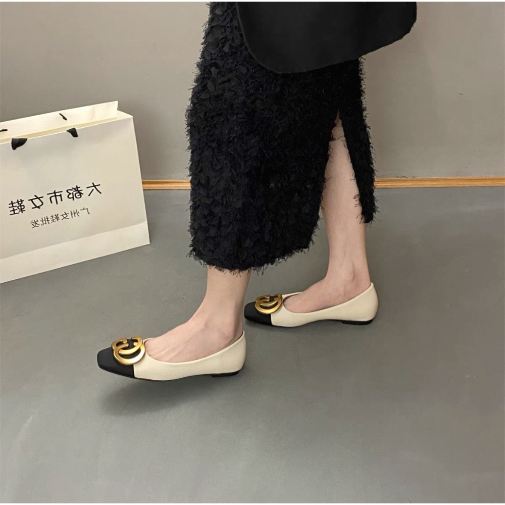 韓版G金屬扣拼色方頭平底淺口娃娃鞋 包鞋-細節圖4