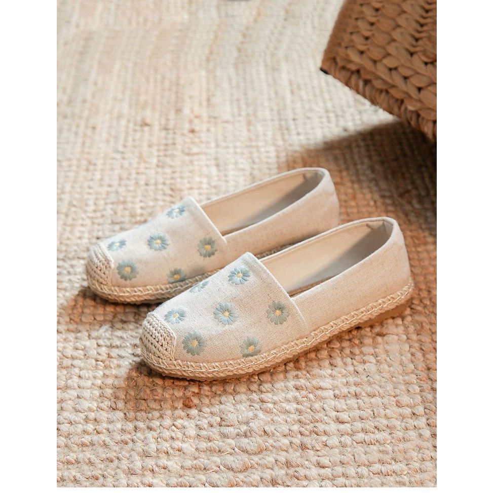 繡花雛菊🌼手工亞麻平底防滑漁夫鞋 帆布鞋-細節圖4