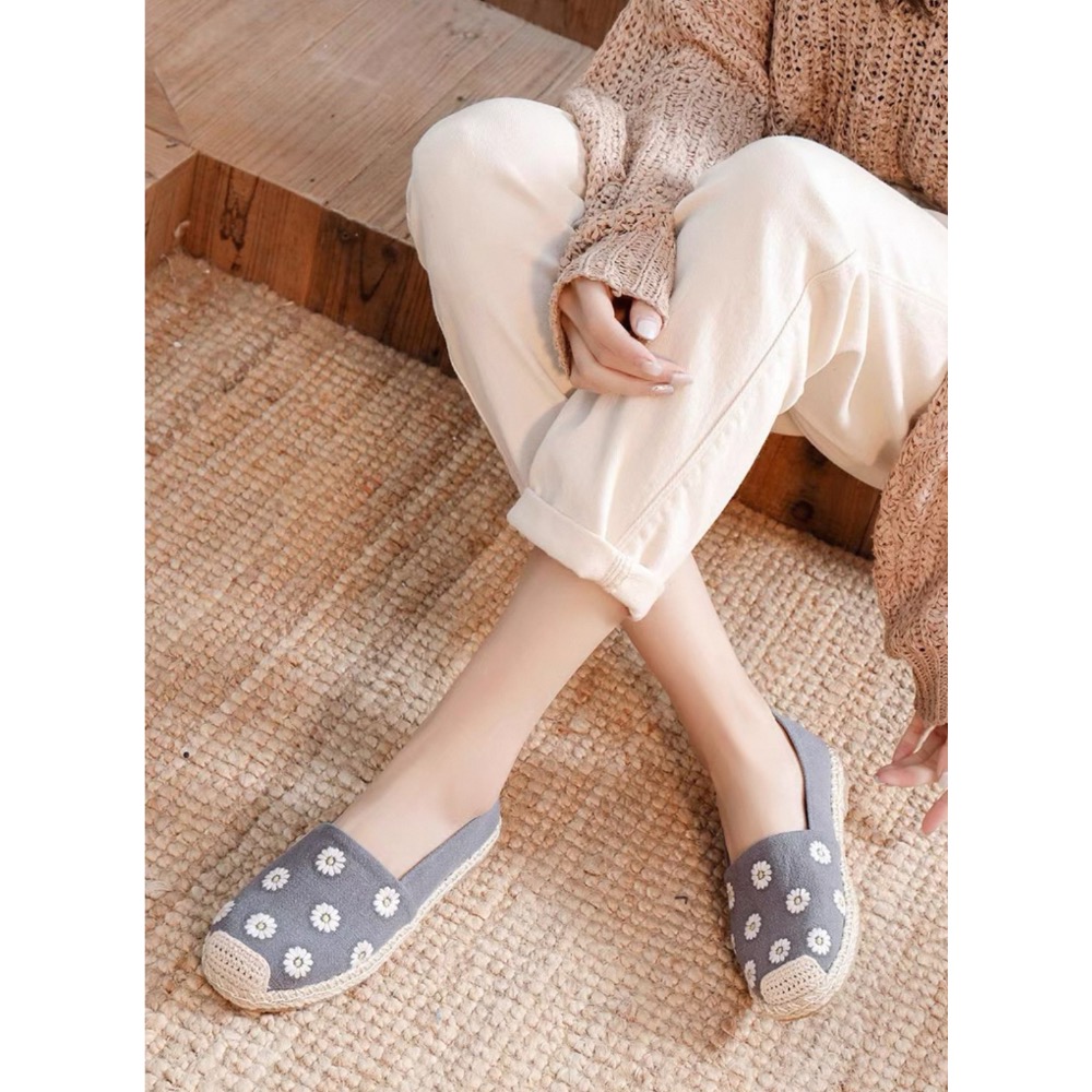 繡花雛菊🌼手工亞麻平底防滑漁夫鞋 帆布鞋-細節圖8