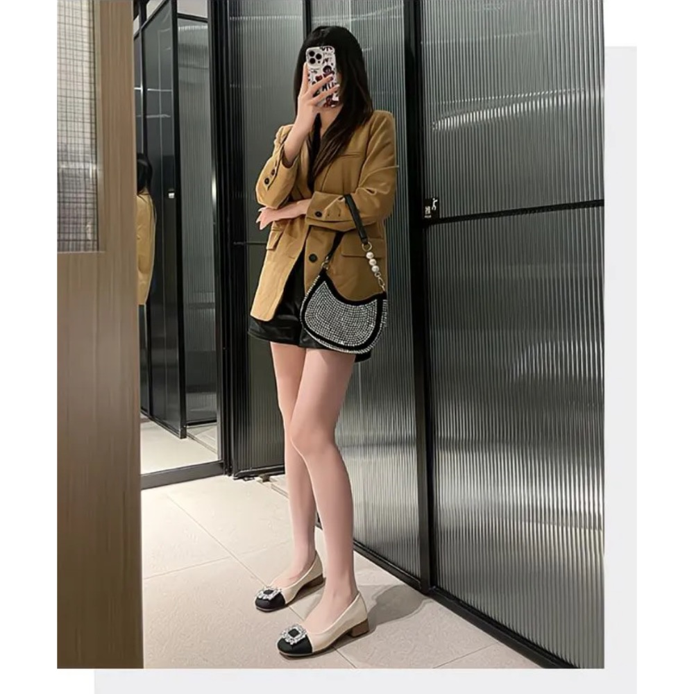 秋冬新款百搭水鑽寶石拼色淺口方頭跟鞋-細節圖2