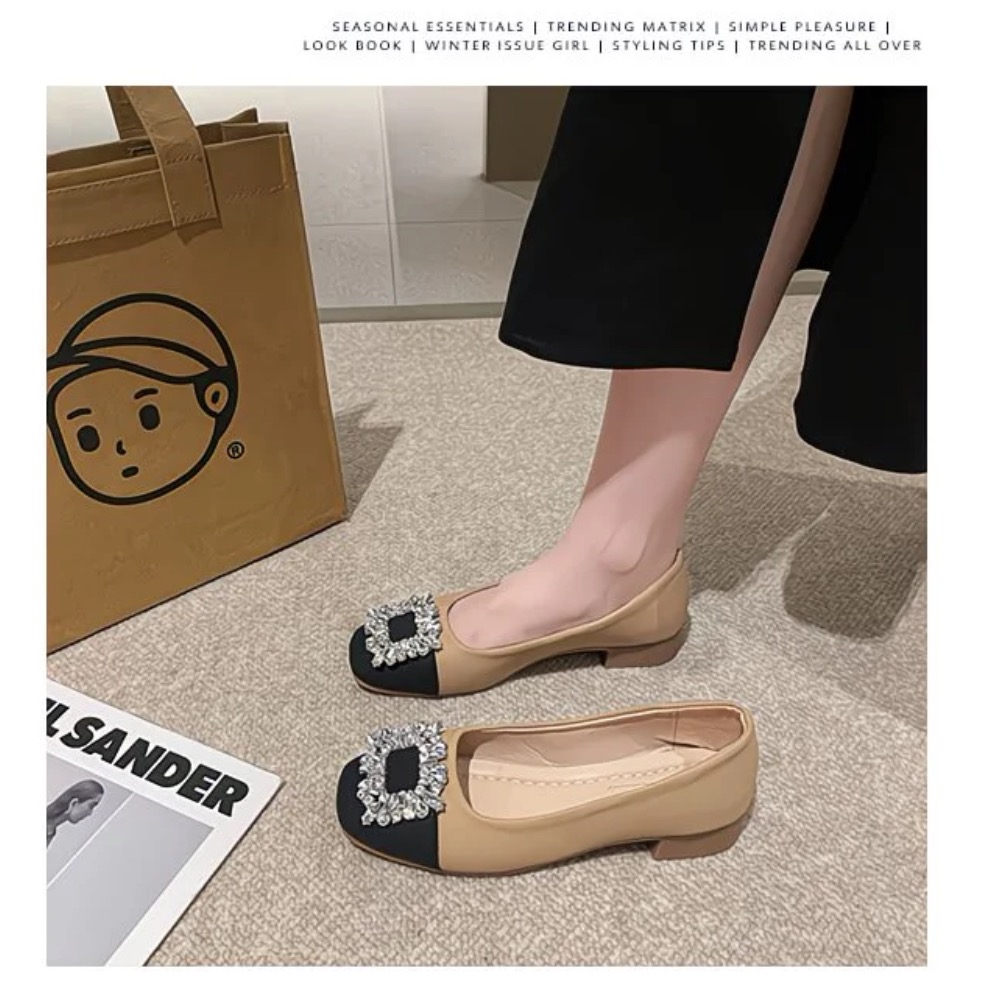 秋冬新款百搭水鑽寶石拼色淺口方頭跟鞋-細節圖5