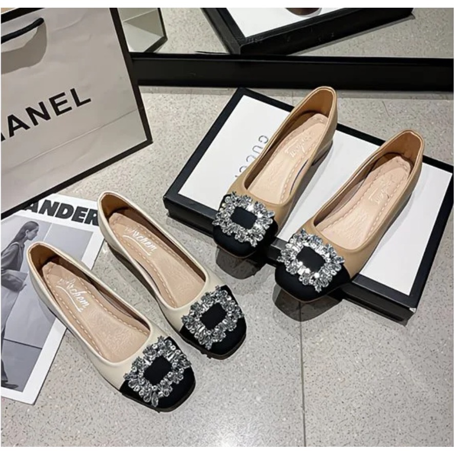 秋冬新款百搭水鑽寶石拼色淺口方頭跟鞋-細節圖6