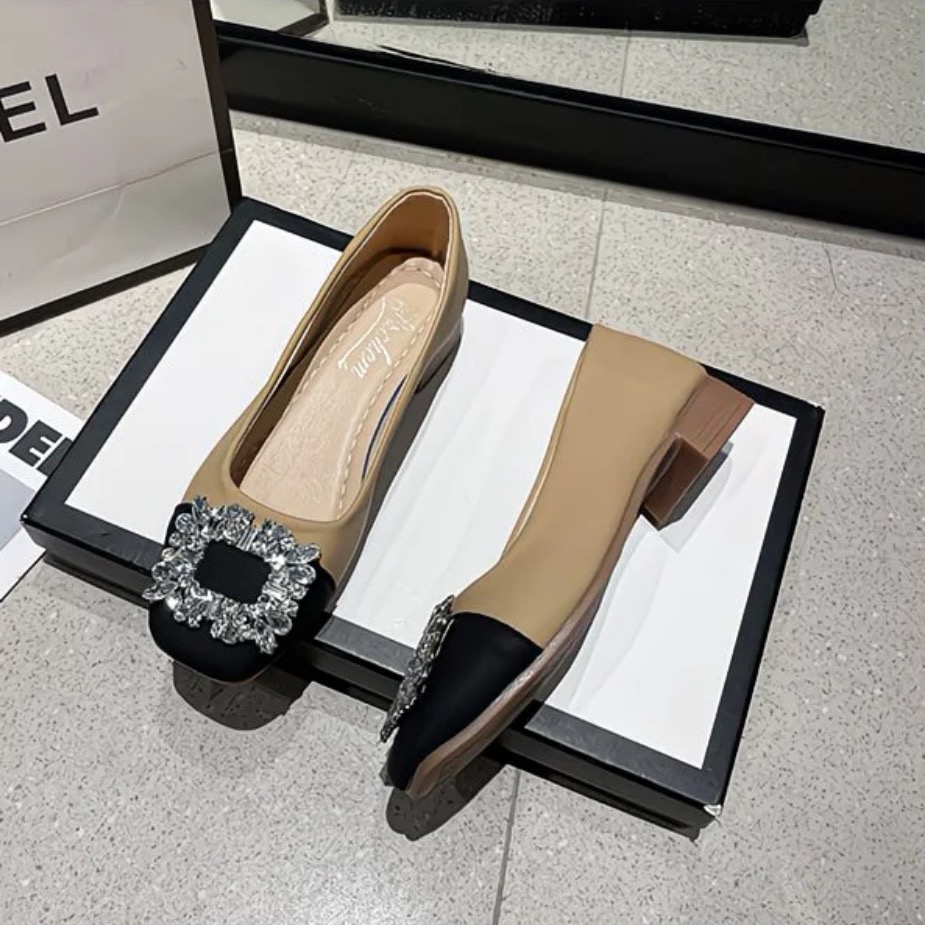 秋冬新款百搭水鑽寶石拼色淺口方頭跟鞋-細節圖7