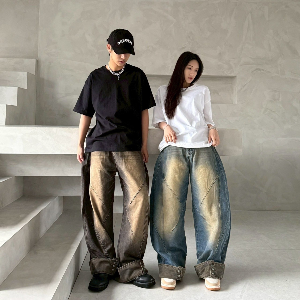 Jone.交錯拼接反折牛仔寬褲-細節圖4