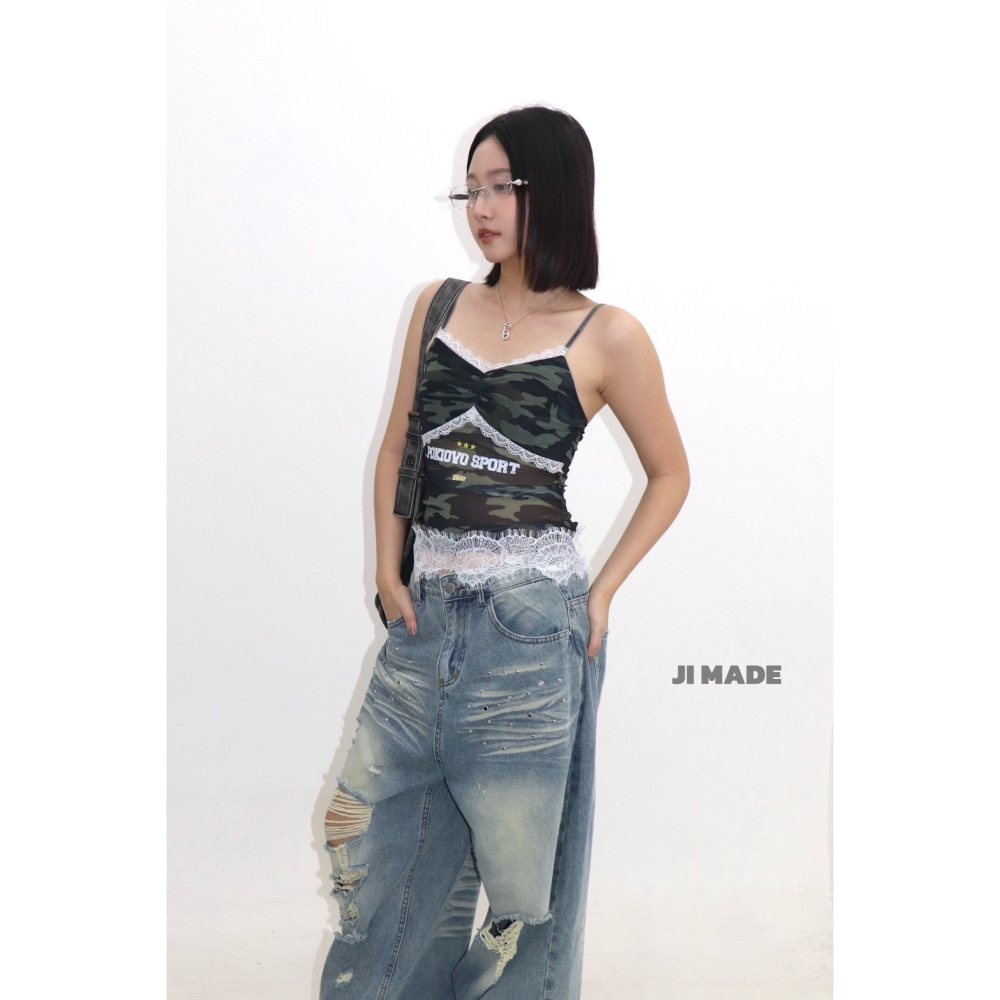 July.蕾絲滾邊網紗迷彩背心-細節圖2