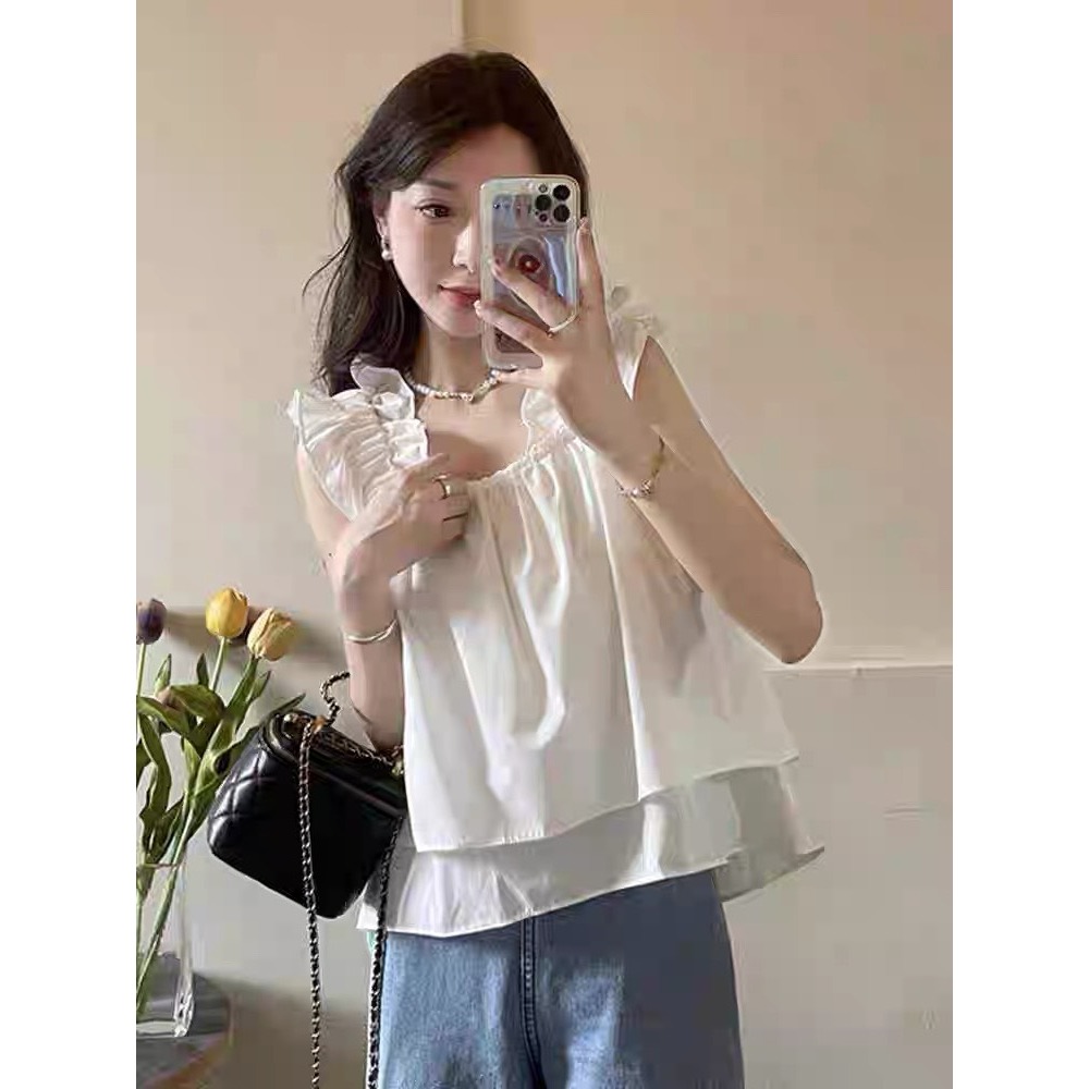 【小貝殼】女裝x上衣 法式小飛袖吊帶背心上衣 娃娃衫 200717656-規格圖7
