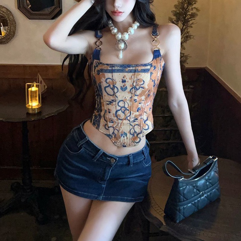 【小貝殼】女裝x上衣 美式性感辣妹牛仔魚骨吊帶背心 220717666-細節圖2
