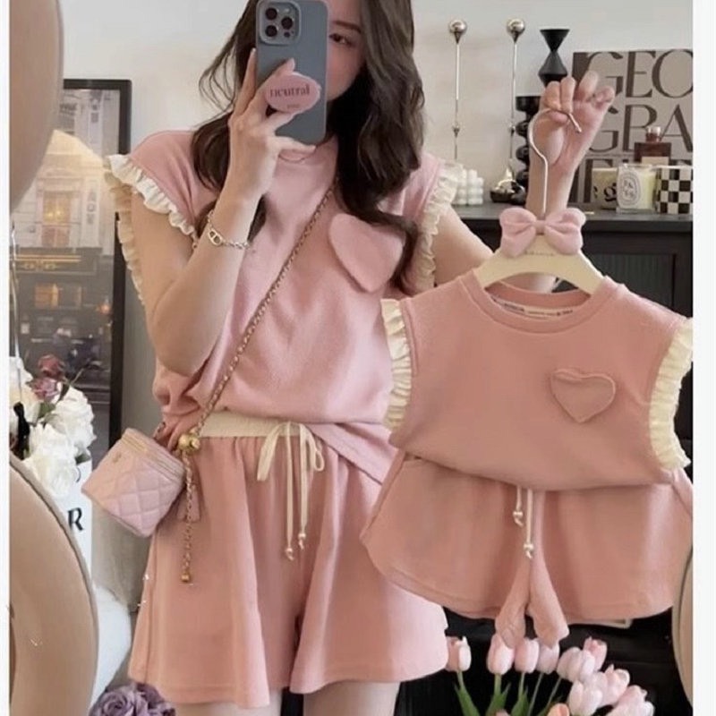 【小貝殼】親子裝x母女裝 甜美少女風粉色愛心無袖背心套裝 220323566-細節圖2